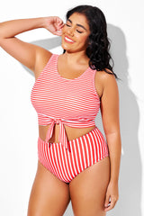 Red & White Stripes Knotted Crop Bikini Top