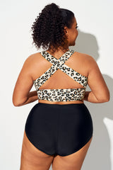 Leopard Print Wide-Brim Cross Back Bikini Top