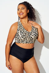 Leopard Print Wide-Brim Cross Back Bikini Top