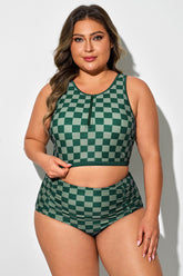 Green Check Print Front Zipper Bikini Top