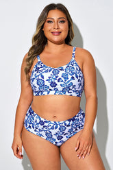 Porcelain Blue Floral Bikini Top For Beach Vacation