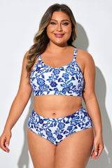 Porcelain Blue Floral Bikini Top For Beach Vacation