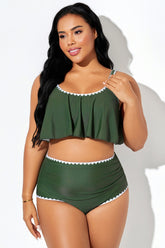 Dark Green Crew Neck Ruffle Hem Bikini Top
