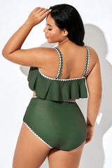 Dark Green Crew Neck Ruffle Hem Bikini Top