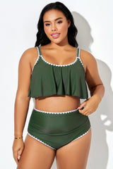 Dark Green Crew Neck Ruffle Hem Bikini Top