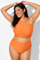 Orange Ruched Wide One Shoulder Strap Bikini Top