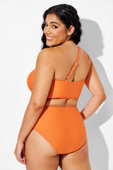 Orange Ruched Wide One Shoulder Strap Bikini Top