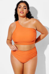 Orange Ruched Wide One Shoulder Strap Bikini Top