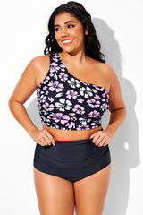 Pink & White Floral Ruched One Shoulder Strap Bikini Top