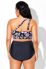 Pink & White Floral Ruched One Shoulder Strap Bikini Top