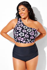 Pink & White Floral Ruched One Shoulder Strap Bikini Top