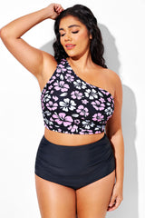 Pink & White Floral Ruched One Shoulder Strap Bikini Top
