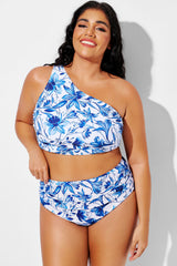 Blue Floral Ruched Wide One Shoulder Strap Bikini Top