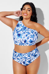 Blue Floral Ruched Wide One Shoulder Strap Bikini Top