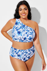 Blue Floral Ruched Wide One Shoulder Strap Bikini Top