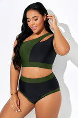 Green & Black Chic One Shoulder Bikini Top