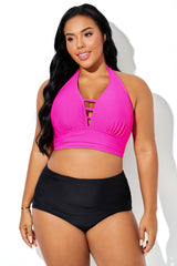 Bright Pink Halter Deep V-Neck Bikini Top