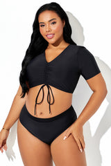 Black Short-Sleeve Deep V Neck Drawstring Bikini Top