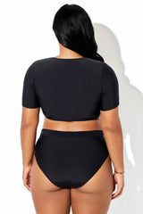 Black Short-Sleeve Deep V Neck Drawstring Bikini Top