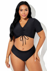 Black Short-Sleeve Deep V Neck Drawstring Bikini Top
