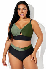 Adjustable Strap Twist Cutout Patchwork Bikini Top