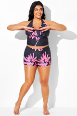 Pink Floral High Waist Pocket Swim Short