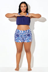 Porcelain Blue Floral Mid Waist Swim Short
