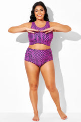 Black & Rose Red Diagonal Stripes High Waist Swim Brief