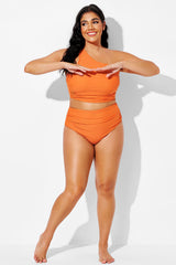 Orange High Waist Bikini Bottom with Side Ruching