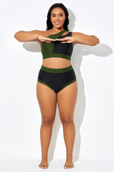 Black High Waist Bikini Bottom With Green Trim
