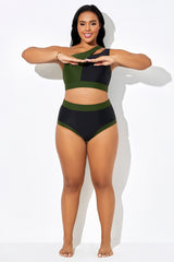 Black High Waist Bikini Bottom With Green Trim