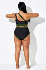 Black High Waist Bikini Bottom With Green Trim