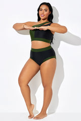 Black High Waist Bikini Bottom With Green Trim