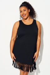 Black Round Neck Tassel Hem Cover Up