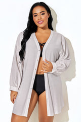 White Front Button V-Neck Cover Up
