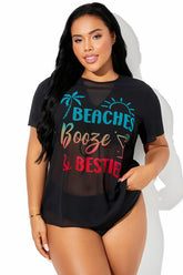 Letter Printed Sheer Mesh Short-Sleeve Cover Up