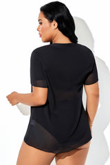 Letter Printed Sheer Mesh Short-Sleeve Cover Up