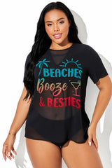 Letter Printed Sheer Mesh Short-Sleeve Cover Up