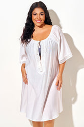 White Crew Neck Beach Cover Up with Lace Trim