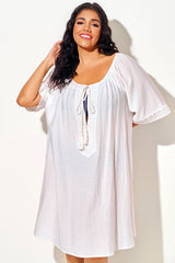 White Crew Neck Beach Cover Up with Lace Trim
