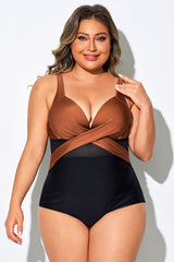 Black & Reddish Brown Cut Out Mesh Underwire One Piece Swimsuit
