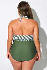 Green Striped Faux Wrap Halter One Piece Swimsuit