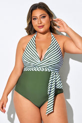Green Striped Faux Wrap Halter One Piece Swimsuit