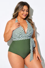 Green Striped Faux Wrap Halter One Piece Swimsuit