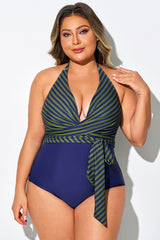 Green & Blue Striped Faux Wrap Halter One Piece Swimsuit