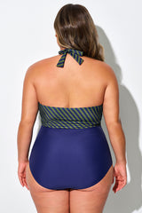 Green & Blue Striped Faux Wrap Halter One Piece Swimsuit