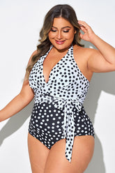 Black & White Polka Dots Wrap Halter One Piece Swimsuit