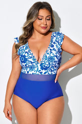 Blue Floral Ruffle Plunge V Neck One Piece Swimsuit
