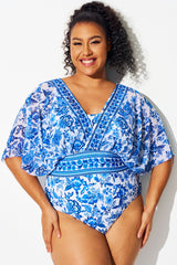Blue & White Porcelain Mesh Patchwork One Piece Swimsuit