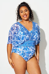 Blue & White Porcelain Mesh Patchwork One Piece Swimsuit